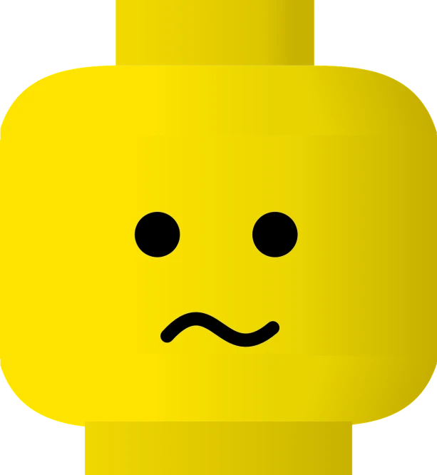 a yellow lego head with a sad face, inspired by Jim Davis, reddit, minimalism, computer generated, black face, detailed face background detail, uploaded