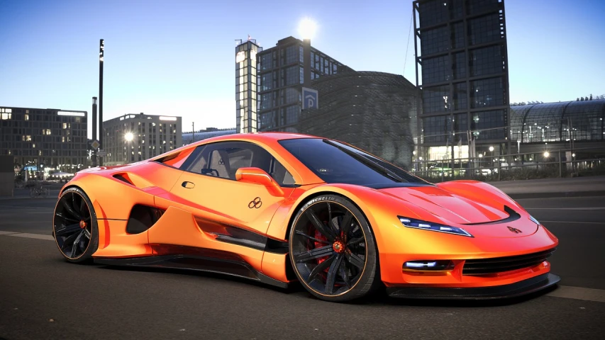 an orange sports car on a city street, a 3D render, inspired by Harry Haenigsen, trending on cg society, elitedangerous 💙💜 ornate ︎, unreal engine. 4 k, orange halo, solar flare unreal engine