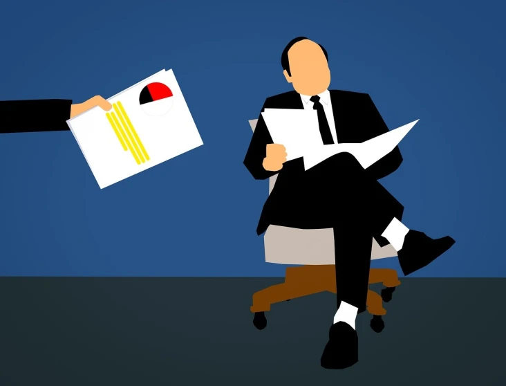 a man sitting on a chair holding a piece of paper, a cartoon, pixabay, conceptual art, wearing business suit, document photo, some people are sitting, email
