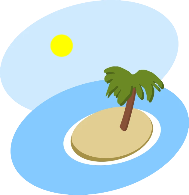 a palm tree sitting on top of a small island, an illustration of, hot sun from above, everyday plain object, an illustration, swimming