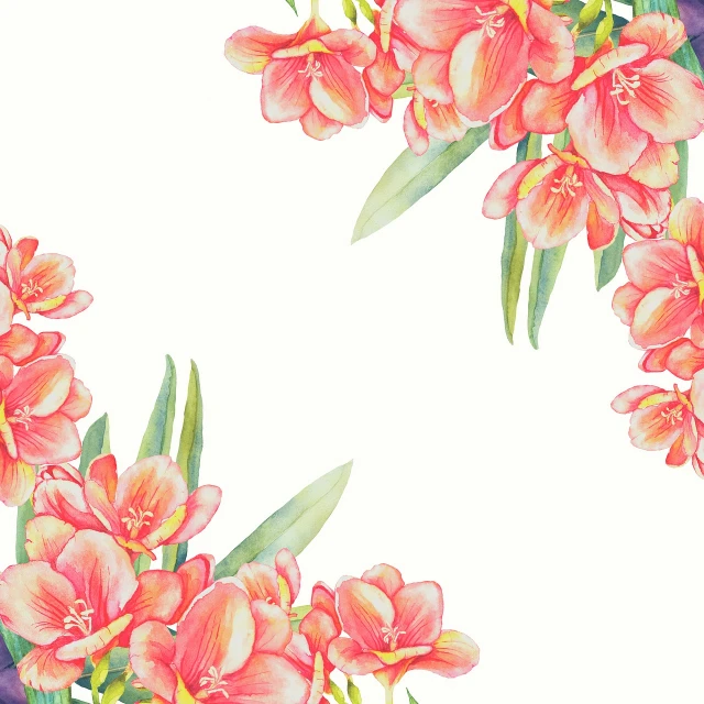 a watercolor painting of pink flowers on a white background, art deco, card template, looking around a corner, peach and goma style, empty space background