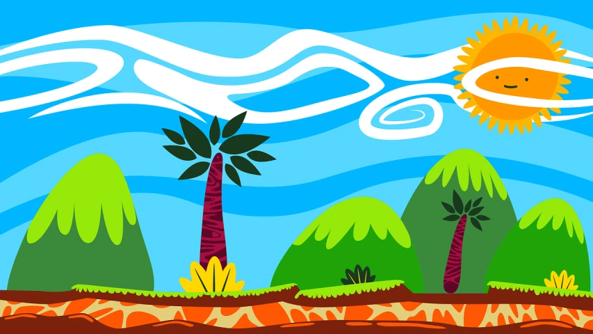a cartoon picture of a sunny day in the jungle, concept art, naive art, background of a lava river, palm pattern visible, nature and clouds in background, background image