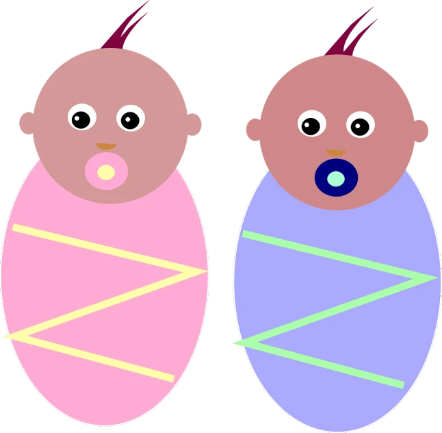 a couple of babies sitting next to each other, a digital rendering, by Robert Childress, pixabay, mingei, !!! very coherent!!! vector art, oval eyes, on a flat color black background, pink and blue colors