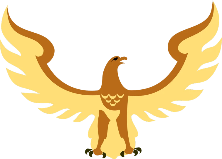 a brown and white bird with its wings spread, concept art, inspired by Kōno Michisei, pixabay, hurufiyya, with an eagle emblem, golden dawn, banner, untextured