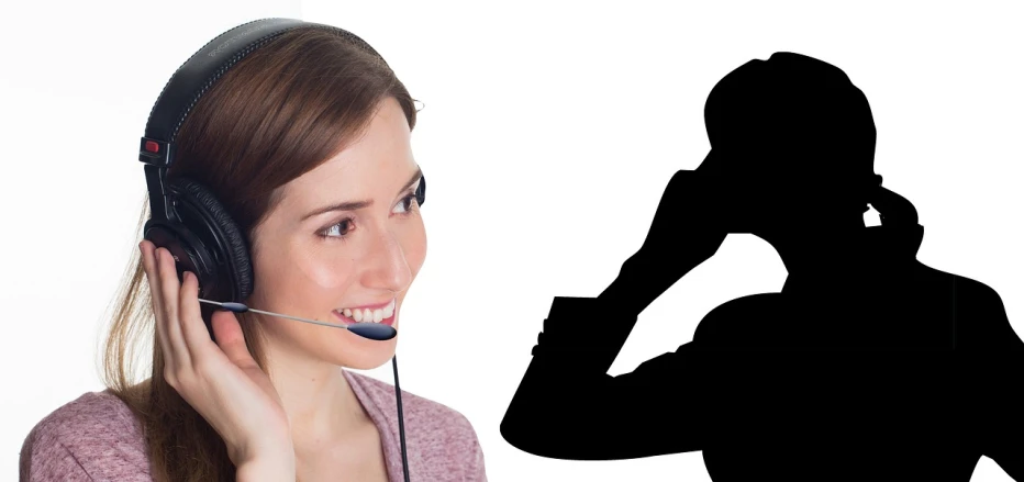 a woman wearing a headset and talking on a phone, a photo, by John Murdoch, trending on pixabay, antipodeans, siluette, left hand propping up the head, customer, maintenance