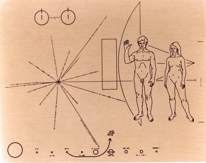 a drawing of a man and a woman standing next to each other, by John Mossman, holography, accretion disk, pluto, with anchor man and woman, photo 1960