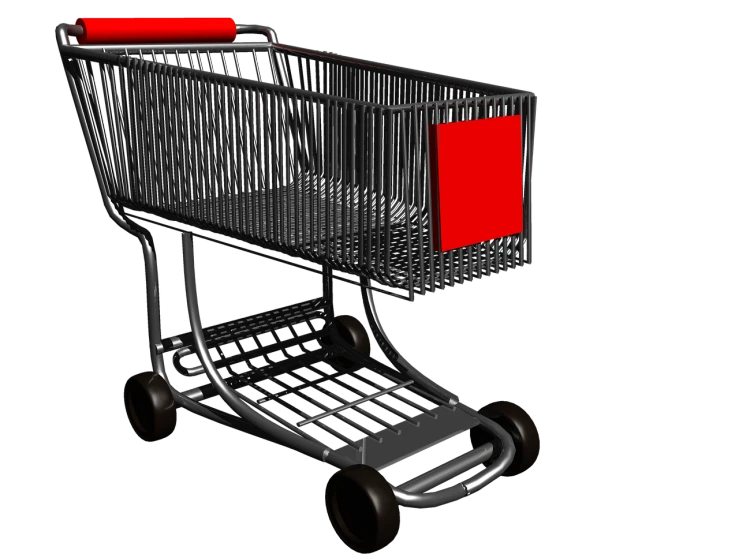 a close up of a shopping cart on a black background, a raytraced image, flickr, red shift render, rendered with blender, 2 d cg, complex scene