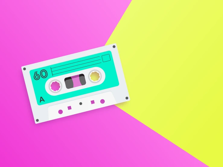 a close up of a cassette on a pink and yellow background, vector art, pink white turquoise, low polygons illustration, concert poster retro, colorful palette illustration