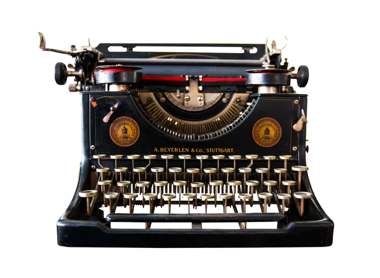 a close up of a typewriter on a black background, a portrait, by Joe Bowler, pixabay contest winner, private press, 💋 💄 👠 👗, antique style, panel of black, photographic render