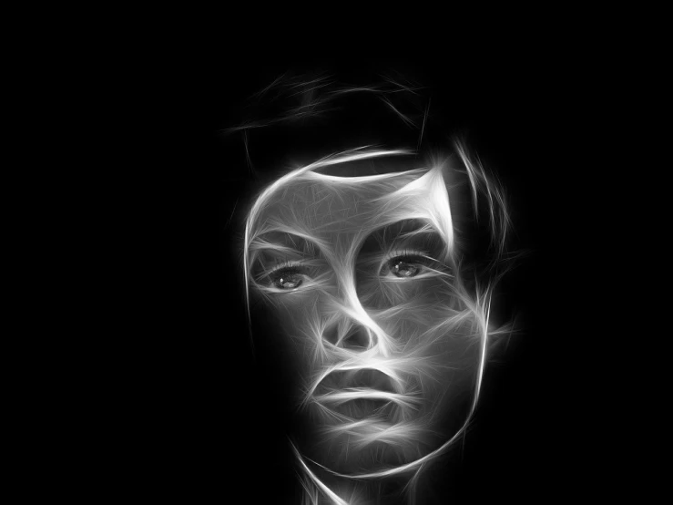 a black and white photo of a woman's face, digital art, trending on pixabay, digital art, 3 d neon art of a womens body, portrait of (charlize theron), fractalization, face is brightly lit