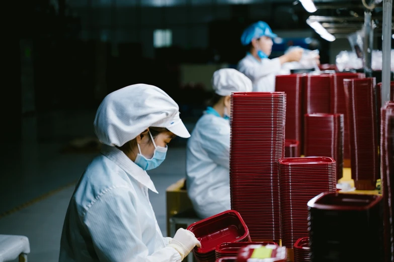 a group of people working in a factory, by Yi Jaegwan, pexels, red dish, avatar image, packaging, inspect in inventory image