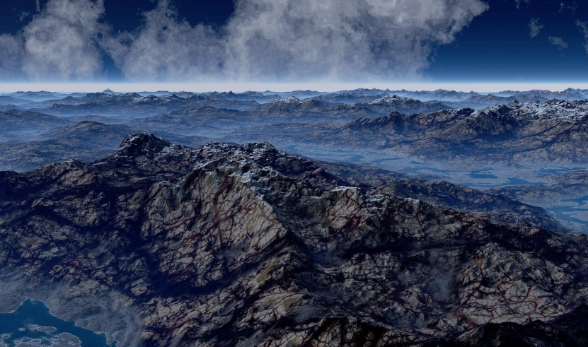 a view of a mountain range from an airplane, a detailed matte painting, digital art, barren moon landscape, highly detailed hdr, space photo, volumetric clouds and fog