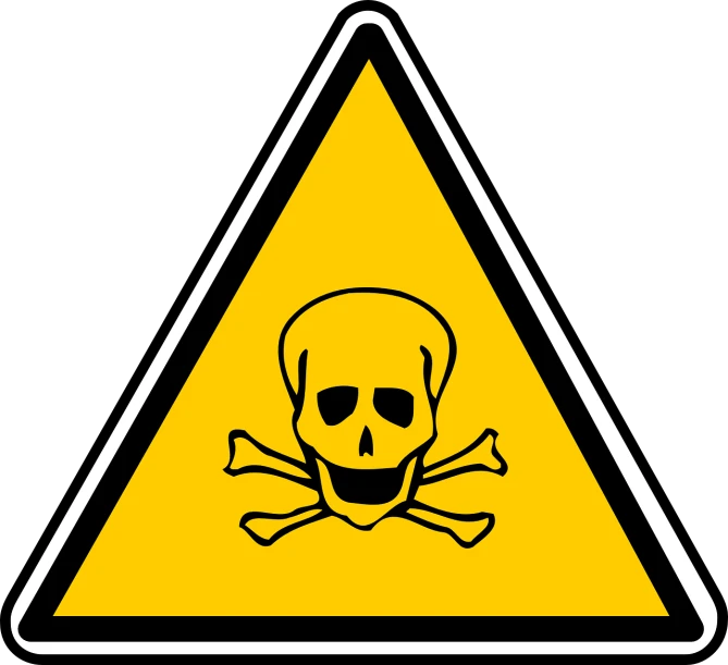 a yellow triangle with a skull and crossbones on it, by Aleksander Kotsis, pixabay, antipodeans, dangerous chemical hazards, orange safety labels, deck, ( 3 1