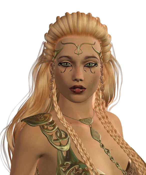 a close up of a woman with long blonde hair, a character portrait, inspired by Elmyr de Hory, modeled in poser, the goddess hera looking angry, high resolution details, aztec empress