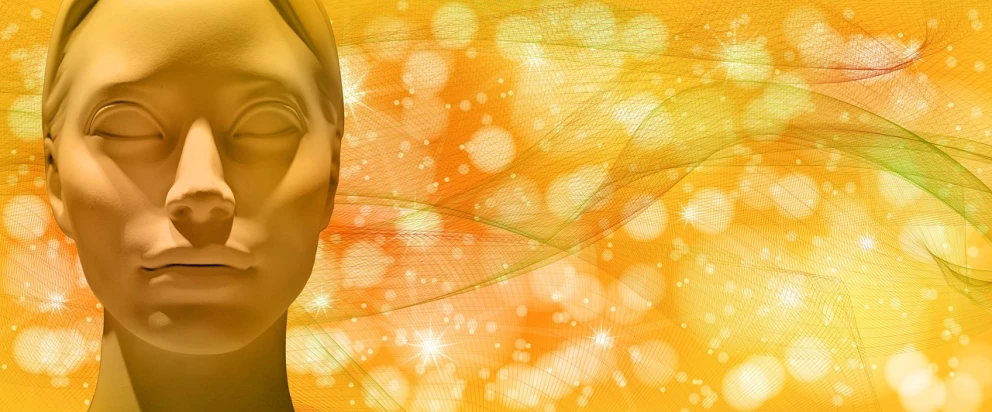 a close up of a mannequin head on a yellow background, digital art, trending on pixabay, digital art, sparkles and sun rays, orange yellow ethereal, golden fabric background, wallpaper - 1 0 2 4