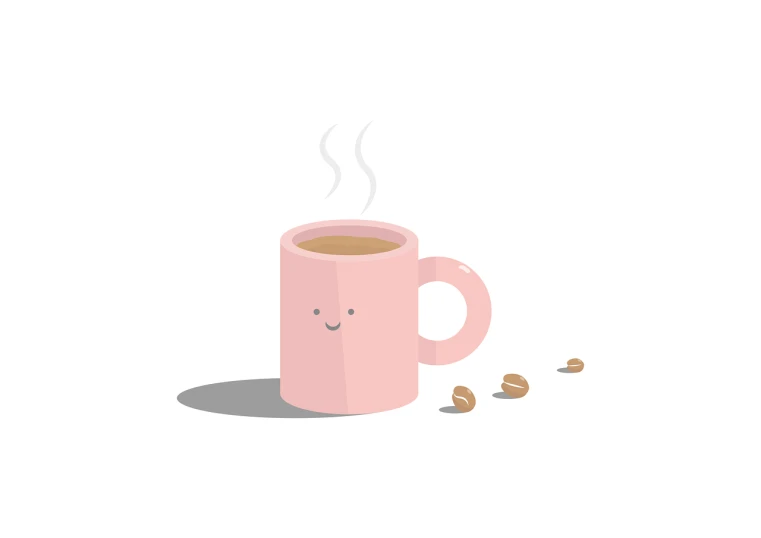 a cup of coffee with a face drawn on it, an illustration of, minimalism, nut, (pink colors), full color illustration, cute scene