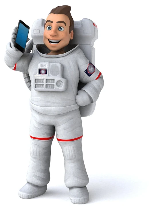a man in a space suit holding a cell phone, a stock photo, inspired by Scott Listfield, shutterstock, toon render keyshot, florida man, matt white color armor, stock photo