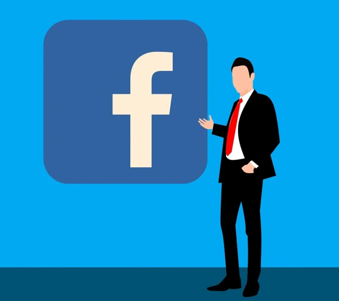 a man in a suit standing in front of a facebook logo, pixabay, speech, flat color, foam, trailer