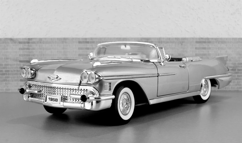 a black and white photo of a classic car, an ambient occlusion render, by Jim Nelson, trending on pixabay, photorealism, convertible, diorama model, 1 9 5 8, super model-s 100