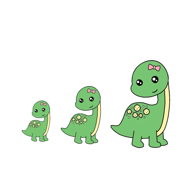 a couple of green dinosaurs standing next to each other, an illustration of, digital art, cute little girl, in a row, on a flat color black background, wikihow illustration