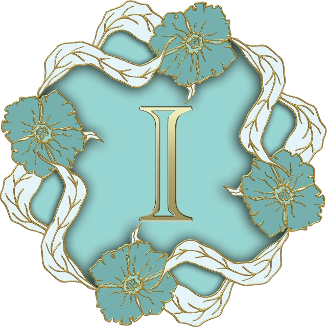 the letter i is surrounded by flowers and vines, inspired by Hanabusa Itchō II, deviantart, art nouveau, black gold light blue, medal, type - 2, 2 people