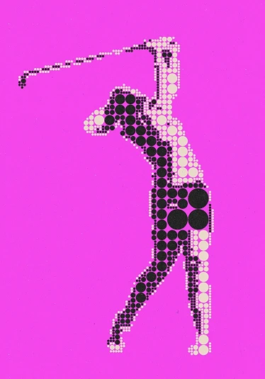 a woman swinging a golf club on a pink background, a digital rendering, inspired by Otto Eckmann, flickr, kinetic pointillism, playboy bunny, cellular automata, detail, dancer