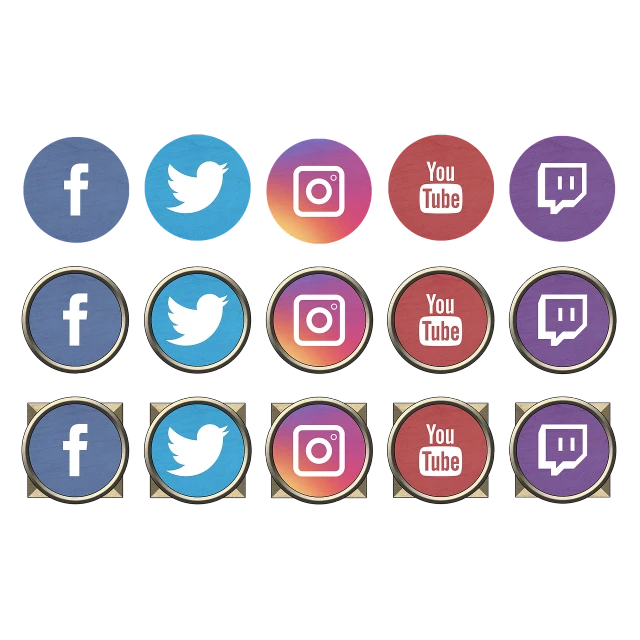 a set of social icons on a black background, digital art, by Bernard D’Andrea, instagram, digital art, vector graphics forum badge, youtube, cane, metallic buttons