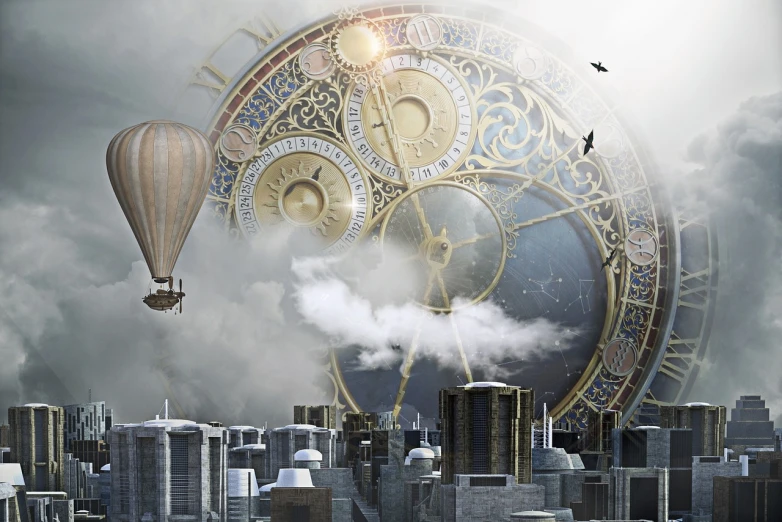 a group of hot air balloons flying over a city, inspired by Stephan Martiniere, pixabay contest winner, spiral clock, silver steampunk gears, big clock, photo taken in 2 0 2 0