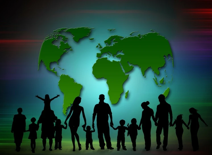 a group of people standing in front of a world map, a digital rendering, conceptual art, family photo, photo photo, silhouettes, green world