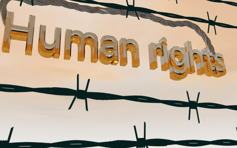a close up of a sign behind a barbed wire fence, a digital rendering, by Helen Berman, shutterstock, human fighter, the right from wrong, human torture, refugees