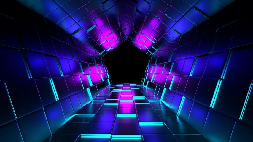 a dark room with purple and blue lights, cubo-futurism, inside the tunnel, 3 d illustration, isolated background, megastructure background