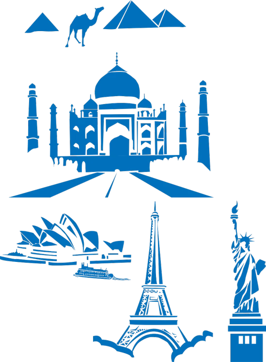 the eiffel tower, the statue of liberty, the statue of liberty, the statue of liberty and the statue of liberty, vector art, taj mahal, black and blue, screencap, stencil