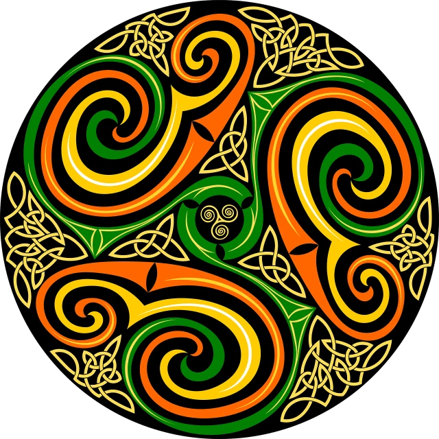 a colorful celtic design on a black background, green and orange theme, whorl, black and yellow colors, the three moiras