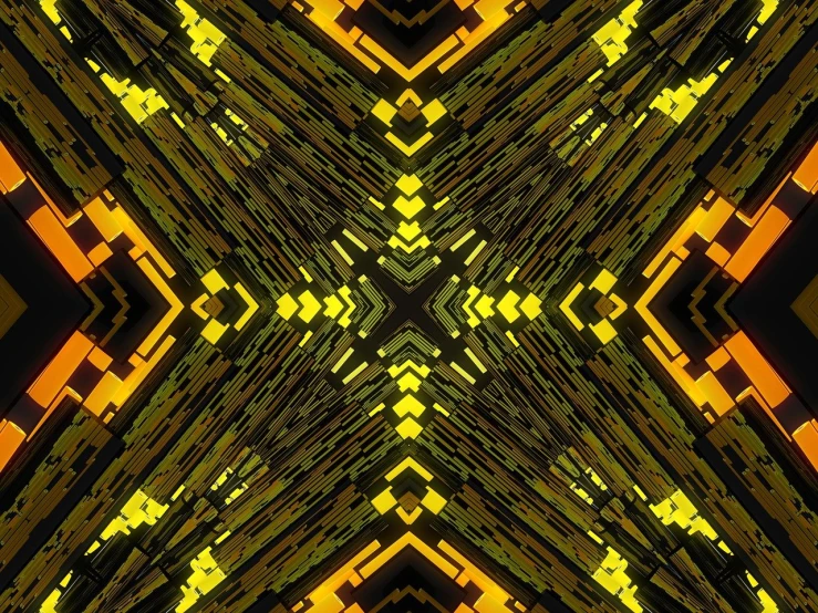a picture of the inside of a building, digital art, inspired by Richard Wright, geometric abstract art, symmetry!! yellow ranger, kaleidoscope of machine guns, yellow and black color scheme, neon cross