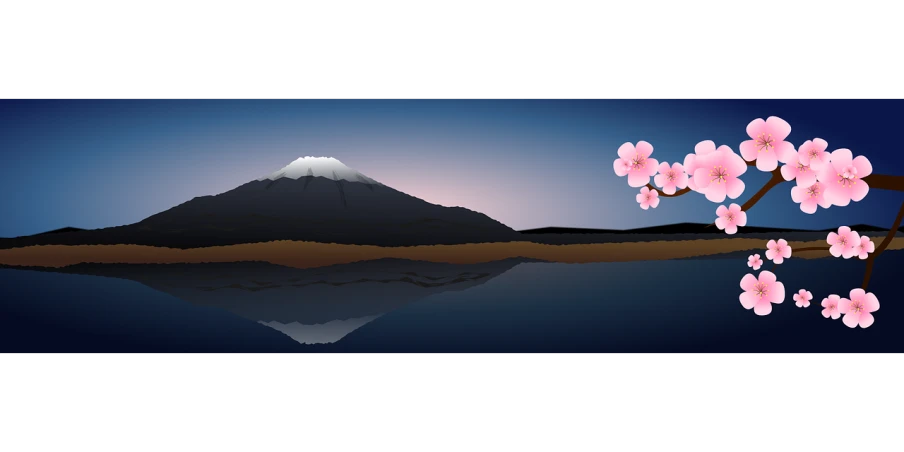 a picture of a mountain with flowers in the foreground, vector art, flickr, sōsaku hanga, on the calm lake surface, black volcano afar, ultra wide, at dusk!