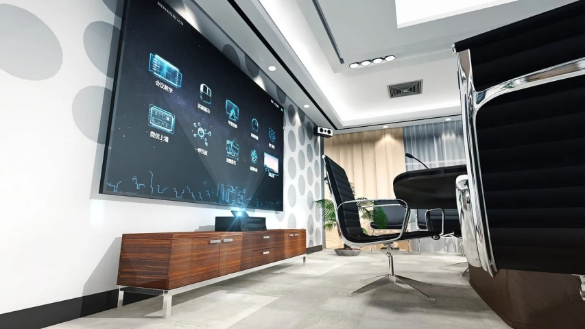 a large flat screen tv mounted to the side of a wall, a computer rendering, shutterstock, art deco, offices, high tech space ship interior, ceo, black show room