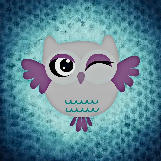 a cartoon owl with big eyes on a blue background, vector art, inspired by Ei-Q, lowbrow, purple eyes and white dress, mixed media style illustration, mid shot photo, made with photoshop