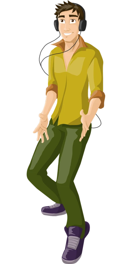 a man wearing headphones and listening to music, concept art, inspired by Tomer Hanuka, trending on pixabay, green and brown clothes, she is dancing. realistic, ( ( ( wearing jeans ) ) ), vector behance hd jesper ejsing