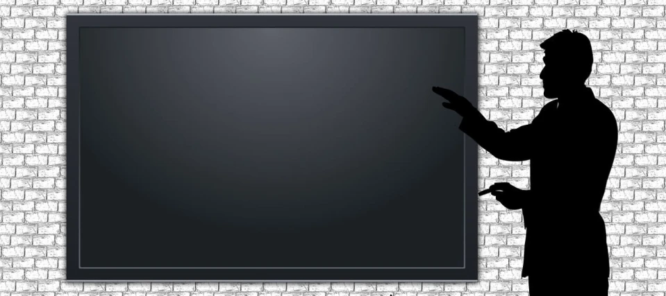 a silhouette of a man standing in front of a blackboard, a computer rendering, by Andrei Kolkoutine, pixabay contest winner, interactive art, high detail of a hand, brick wall, background is white and blank, frame