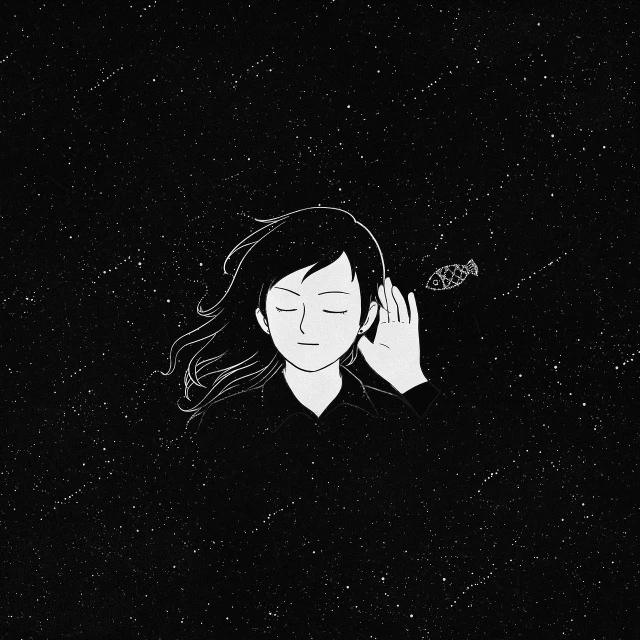 a woman holding a cell phone up to her ear, by Fathi Hassan, tumblr, minimalism, in a space starry, drawn in a noir style, mobile wallpaper, heartbreak