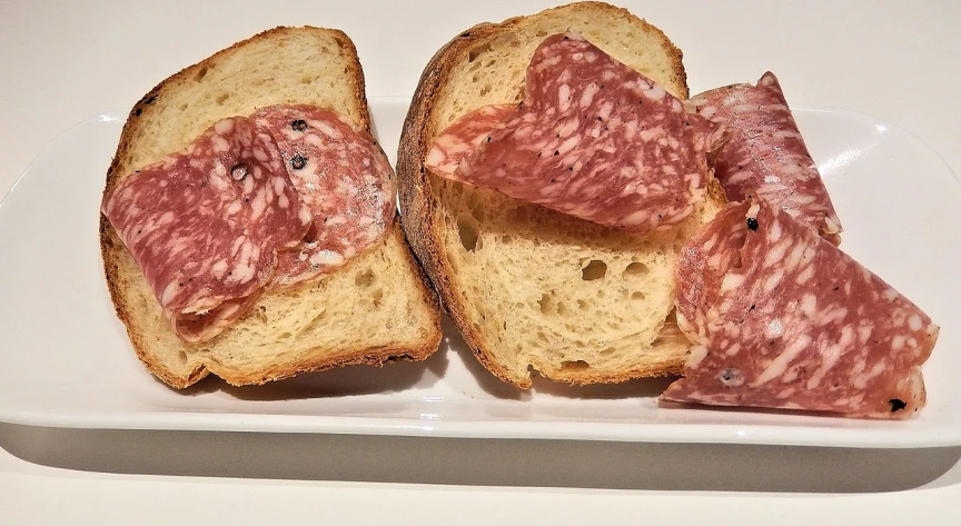 a close up of a sandwich on a plate, by Tom Wänerstrand, salami, traditional corsican, broadshouldered, warts