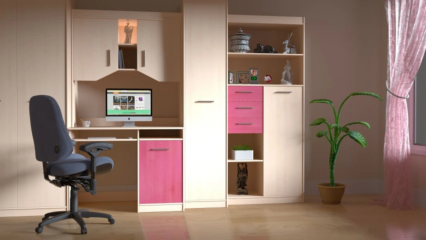 a computer sitting on top of a desk in a room, inspired by Antonín Chittussi, pixabay, cupboards, fuchsia skin, photo taken with provia, childs bedroom