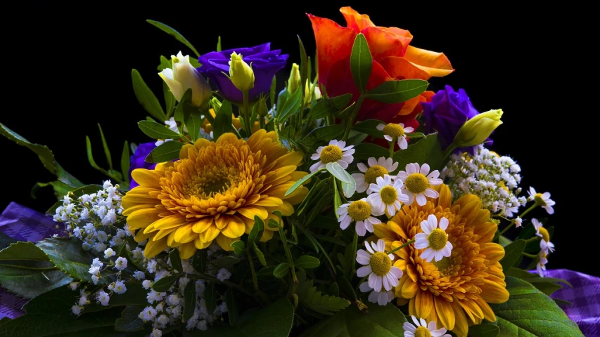 a close up of a bouquet of flowers on a table, by Arnie Swekel, full colors hd, bright on black, full of colour 8-w 1024, rich bright sunny colors