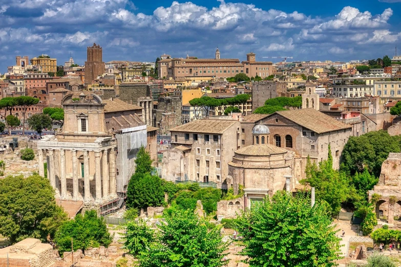 a view of a city from the top of a hill, by Pogus Caesar, shutterstock, neoclassicism, lots of roman arches, ancient tombs in the background, postprocessed, biennale