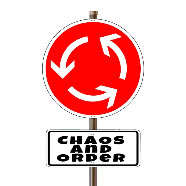 a red and white sign that says chaos and order, by Matt Cavotta, trending on pixabay, dada, hidrologic cycle, choker, cross, istock