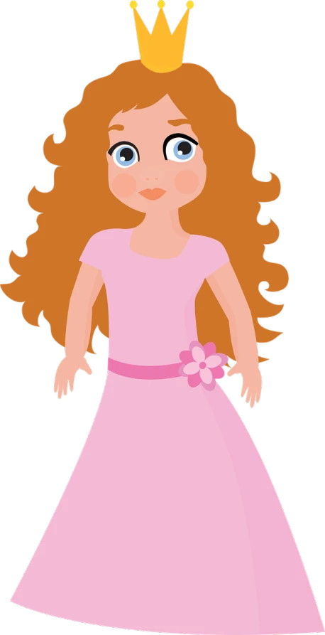 a girl in a pink dress with a crown on her head, a cartoon, trending on pixabay, curly red hair, dora the explorer as real girl, untextured, yo