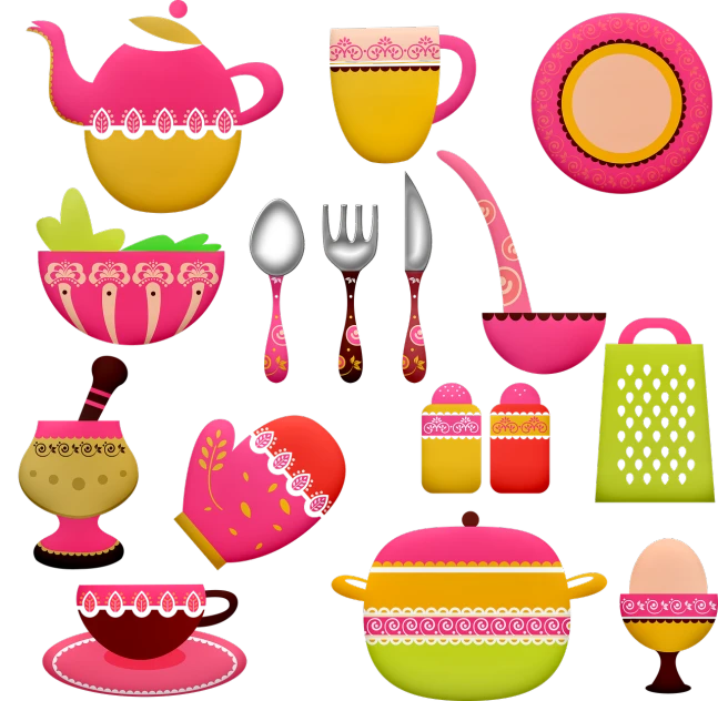 a collection of kitchen items on a black background, a pastel, flickr, dau-al-set, (pink colors), clip-art, fantasy food world, amber