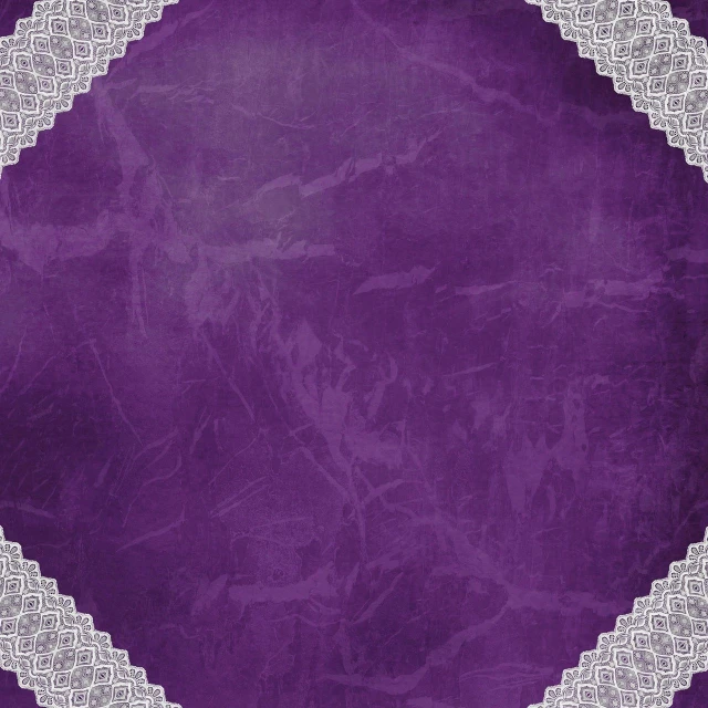a purple background with a white lace border, fractal details diamond skin, textured parchment background, church background, tattered fabric