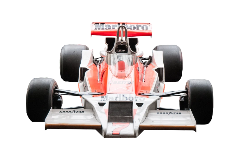 a close up of a racing car on a black background, a portrait, by Richard Carline, silver red white details, wide angle 1981, orange and white, 1128x191 resolution