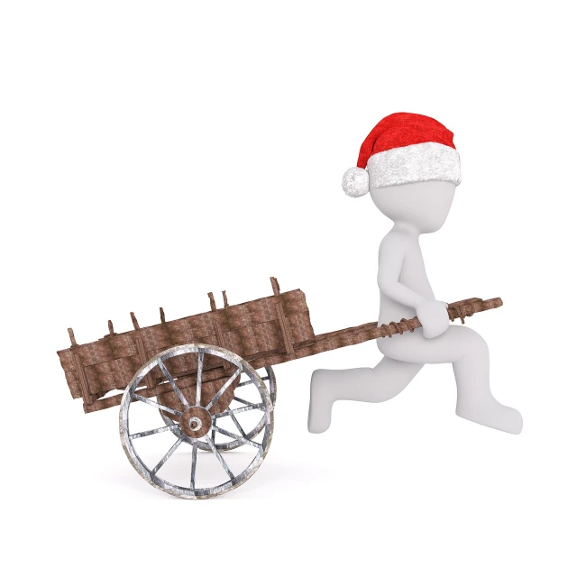 a man in a santa hat is pulling a wooden cart, figuration libre, 3 d model, high res photo